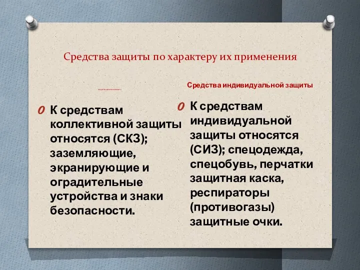 Средства защиты по характеру их применения Средства коллективной защиты Средства индивидуальной защиты