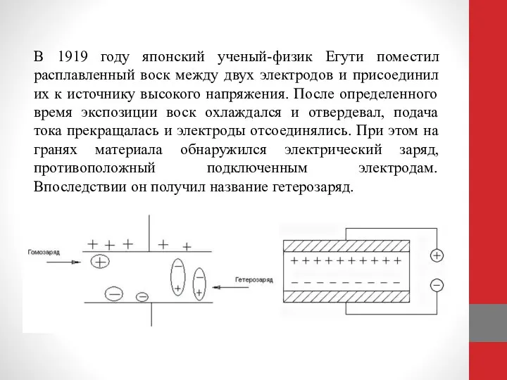 В 1919 году японский ученый-физик Егути поместил расплавленный воск между двух электродов