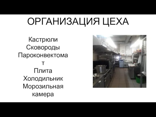 ОРГАНИЗАЦИЯ ЦЕХА Кастрюли Сковороды Пароконвектомат Плита Холодильник Морозильная камера