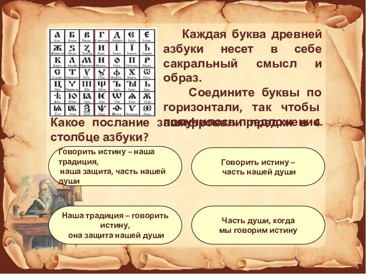 Каждая буква древней азбуки несет в себе сакральный смысл и образ. Соедините