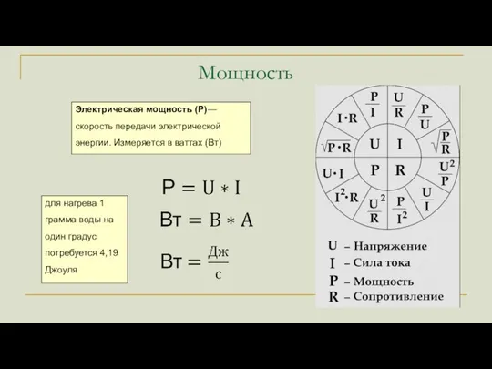 Мощность Электрическая мощность (P)— скорость передачи электрической энергии. Измеряется в ваттах (Вт)