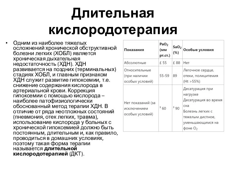 Длительная кислородотерапия Одним из наиболее тяжелых осложнений хронической обструктивной болезни легких (ХОБЛ)