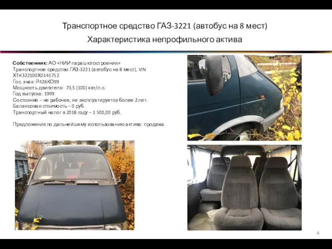 Транспортное средство ГАЗ-3221 (автобус на 8 мест) Характеристика непрофильного актива Собственник: АО