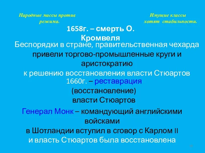 Народные массы против Имущие классы режима. хотят стабильности. 1658г. – смерть О.Кромвеля