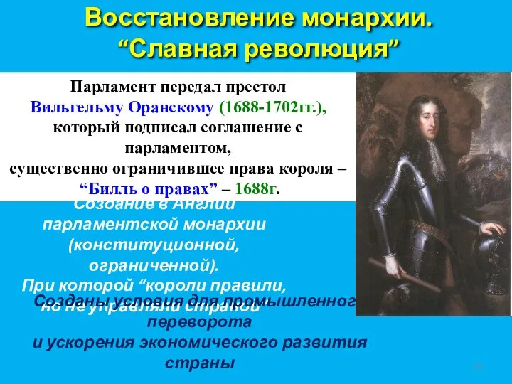 Восстановление монархии. “Славная революция” Парламент передал престол Вильгельму Оранскому (1688-1702гг.), который подписал