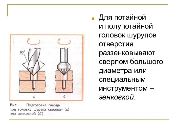 Для потайной и полупотайной головок шурупов отверстия раззенковывают сверлом большого диаметра или специальным инструментом – зенковкой.