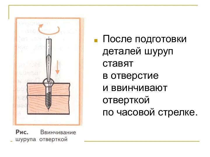 После подготовки деталей шуруп ставят в отверстие и ввинчивают отверткой по часовой стрелке.