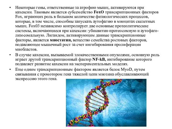 Некоторые гены, ответственные за атрофию мышц, активируются при кахексии. Таковым является субсемейство