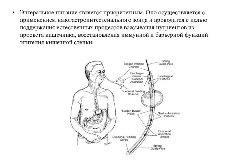 Энтеральное питание является приоритетным. Оно осуществляется с приме­нением назогастроинтестенального зонда и проводится