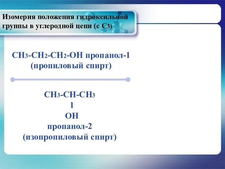 Изомерия положения гидроксильной группы в углеродной цепи (с С3) CH3-CH2-CH2-OH пропанол-1 (пропиловый