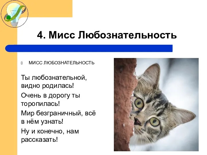 4. Мисс Любознательность МИСС ЛЮБОЗНАТЕЛЬНОСТЬ Ты любознательной, видно родилась! Очень в дорогу