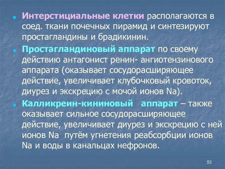 Интерстициальные клетки располагаются в соед. ткани почечных пирамид и синтезируют простагландины и