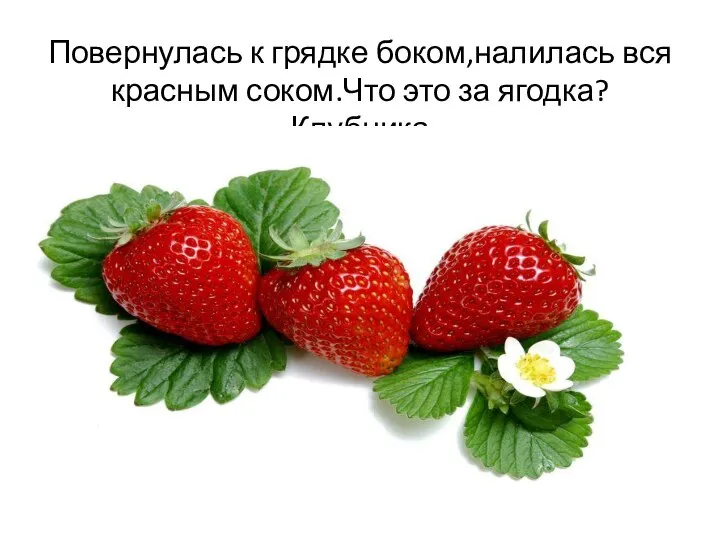 Повернулась к грядке боком,налилась вся красным соком.Что это за ягодка?Клубника