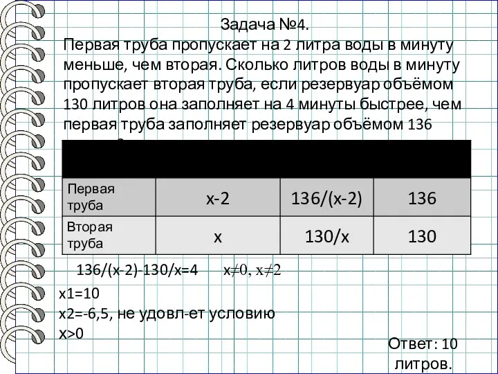 Задача №4. Первая труба пропускает на 2 литра воды в минуту меньше,