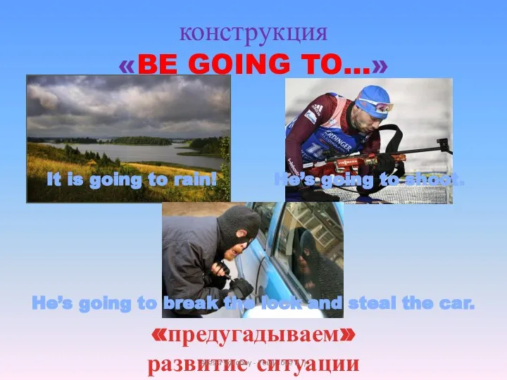 конструкция «BE GOING TO…» «предугадываем» развитие ситуации It is going to rain!
