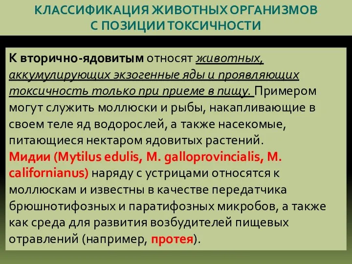 КЛАССИФИКАЦИЯ ЖИВОТНЫХ ОРГАНИЗМОВ С ПОЗИЦИИ ТОКСИЧНОСТИ К вторично-ядовитым относят животных, аккумулирующих экзогенные