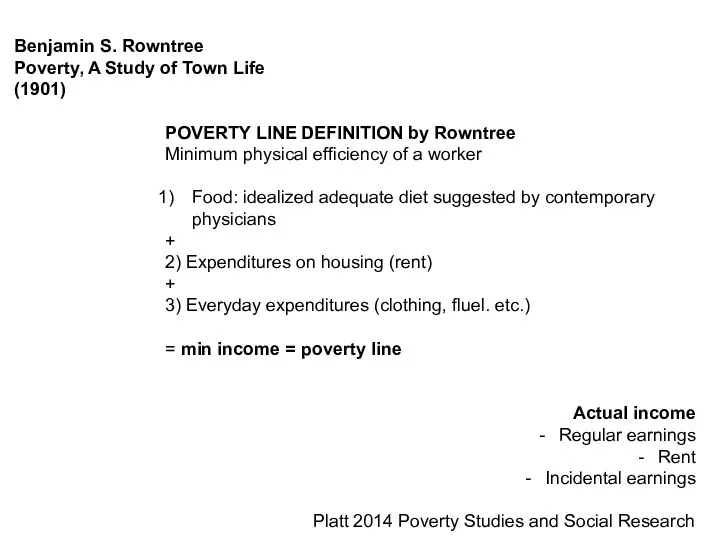 Benjamin S. Rowntree Poverty, A Study of Town Life (1901) POVERTY LINE