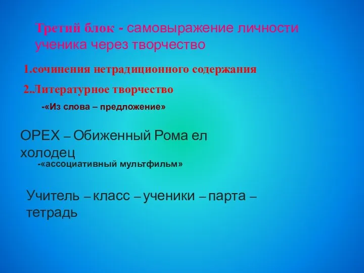 2.Литературное творчество -«Из слова – предложение» ОРЕХ – Обиженный Рома ел холодец