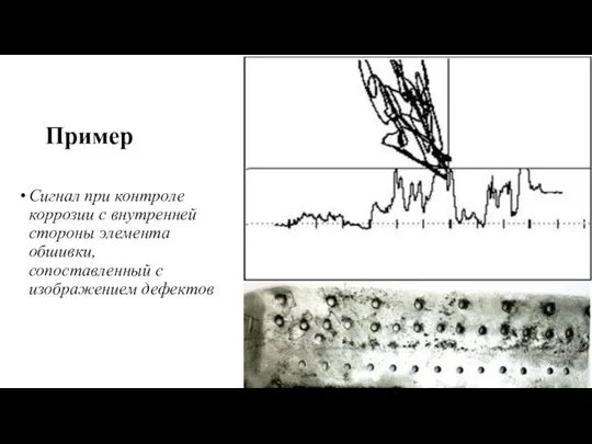 Пример Сигнал при контроле коррозии с внутренней стороны элемента обшивки, сопоставленный с изображением дефектов