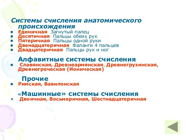 Системы счисления анатомического происхождения Единичная Загнутый палец Десятичная Пальцы обеих рук Пятеричная