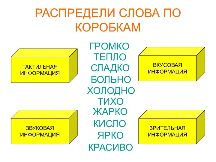 РАСПРЕДЕЛИ СЛОВА ПО КОРОБКАМ ТАКТИЛЬНАЯ ИНФОРМАЦИЯ ЗВУКОВАЯ ИНФОРМАЦИЯ ВКУСОВАЯ ИНФОРМАЦИЯ ЗРИТЕЛЬНАЯ ИНФОРМАЦИЯ