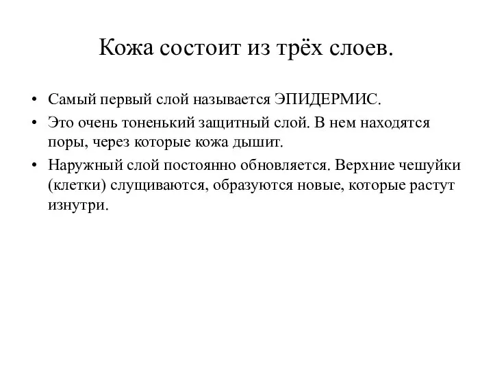 Кожа состоит из трёх слоев. Самый первый слой называется ЭПИДЕРМИС. Это очень