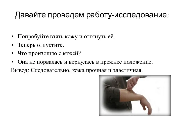 Давайте проведем работу-исследование: Попробуйте взять кожу и оттянуть её. Теперь отпустите. Что