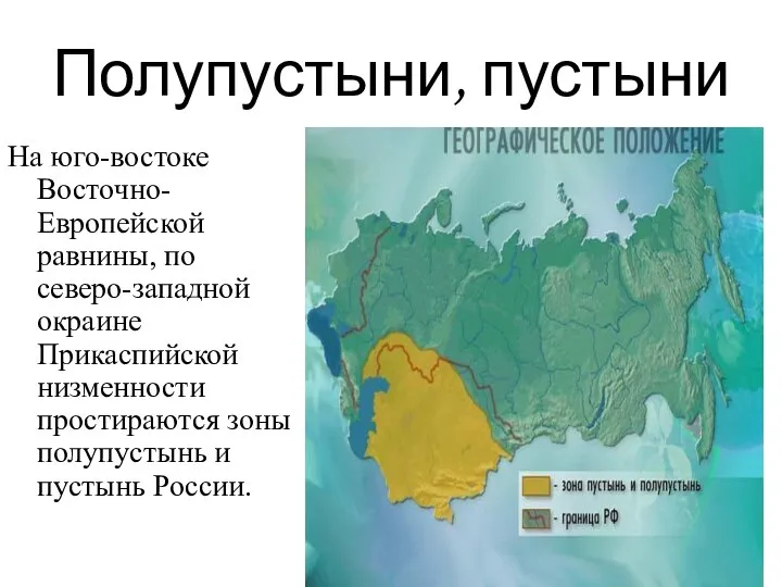 Полупустыни, пустыни На юго-востоке Восточно-Европейской равнины, по северо-западной окраине Прикаспийской низменности простираются