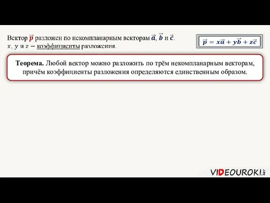 Теорема. Любой вектор можно разложить по трём некомпланарным векторам, причём коэффициенты разложения определяются единственным образом.