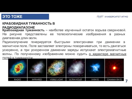 7 ЭТО ТОЖЕ РАДИОФИЗИКА! КРАБОВИДНАЯ ТУМАННОСТЬ В РАДИОДИАПАЗОНЕ Крабовидная туманность – наиболее