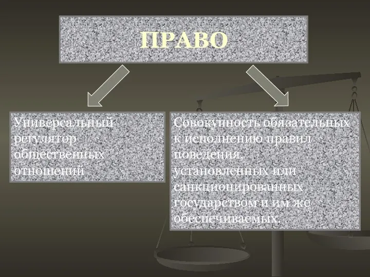 Универсальный регулятор общественных отношений Совокупность обязательных к исполнению правил поведения, установленных или