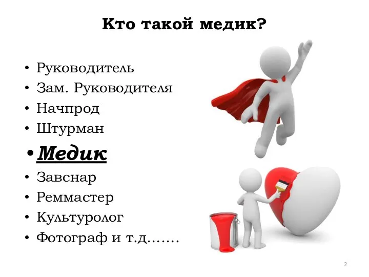 Кто такой медик? Руководитель Зам. Руководителя Начпрод Штурман Медик Завснар Реммастер Культуролог Фотограф и т.д…….