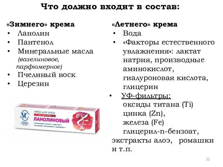 Что должно входит в состав: «Зимнего» крема Ланолин Пантенол Минеральные масла (вазелиновое,