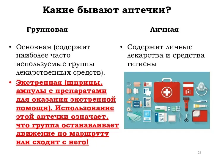 Какие бывают аптечки? Групповая Основная (содержит наиболее часто используемые группы лекарственных средств).