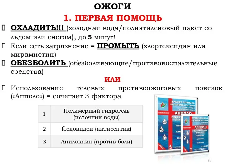 1. ПЕРВАЯ ПОМОЩЬ ОХЛАДИТЬ!!! (холодная вода/полиэтиленовый пакет со льдом или снегом), до