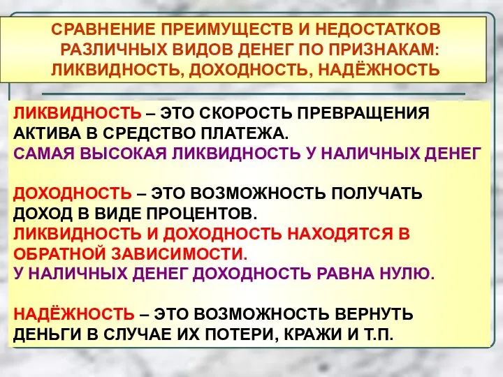 СРАВНЕНИЕ ПРЕИМУЩЕСТВ И НЕДОСТАТКОВ РАЗЛИЧНЫХ ВИДОВ ДЕНЕГ ПО ПРИЗНАКАМ: ЛИКВИДНОСТЬ, ДОХОДНОСТЬ, НАДЁЖНОСТЬ