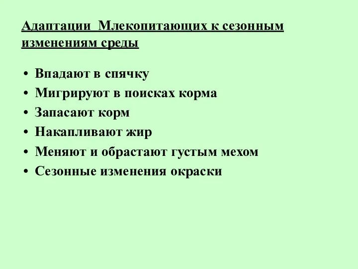 Адаптации Млекопитающих к сезонным изменениям среды Впадают в спячку Мигрируют в поисках