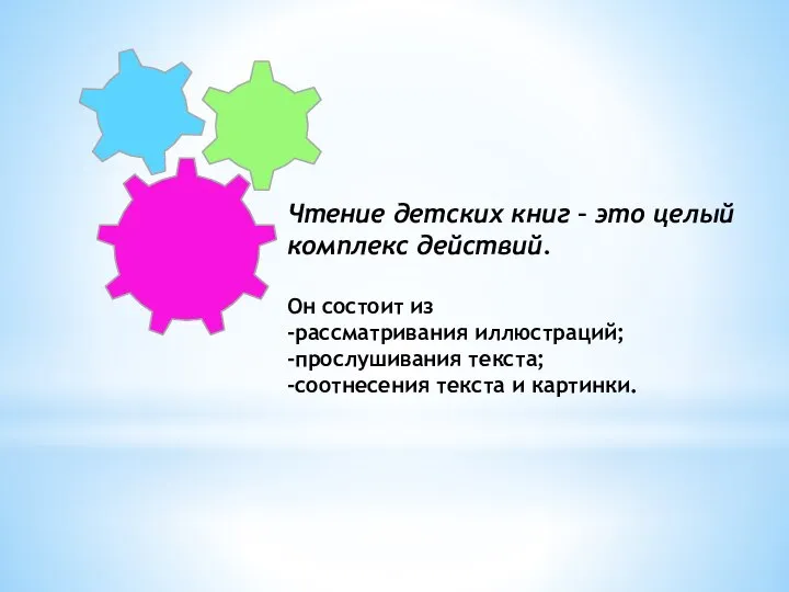 Чтение детских книг – это целый комплекс действий. Он состоит из -рассматривания