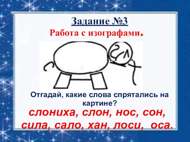 Задание №3 Работа с изографами. Отгадай, какие слова спрятались на картине? слониха,