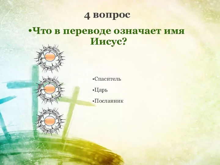 4 вопрос Что в переводе означает имя Иисус? Спаситель Царь Посланник