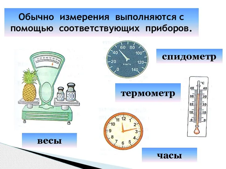 Обычно измерения выполняются с помощью соответствующих приборов. весы спидометр термометр часы