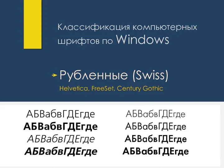 Классификация компьютерных шрифтов по Windows Рубленные (Swiss) Helvetica, FreeSet, Century Gothic