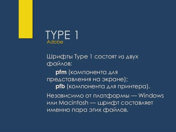 TYPE 1 Шрифты Type 1 состоят из двух файлов: pfm (компонента для