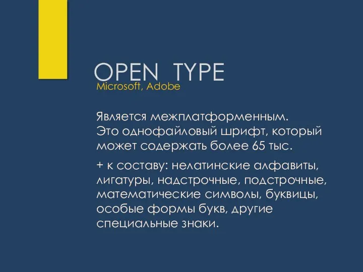 OPEN TYPE Является межплатформенным. Это однофайловый шрифт, который может содержать более 65