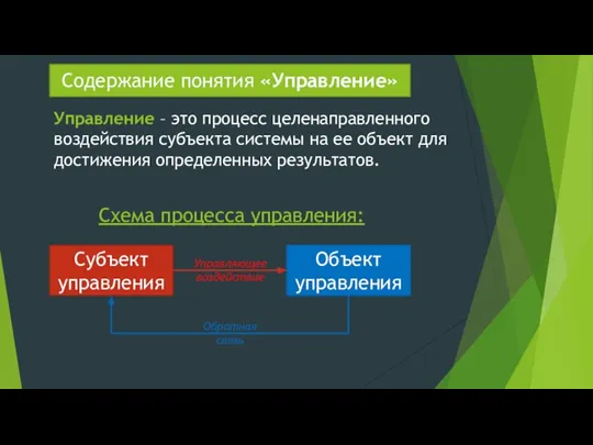 Содержание понятия «Управление» Управление – это процесс целенаправленного воздействия субъекта системы на