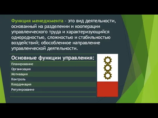 Функция менеджмента – это вид деятельности, основанный на разделении и кооперации управленческого