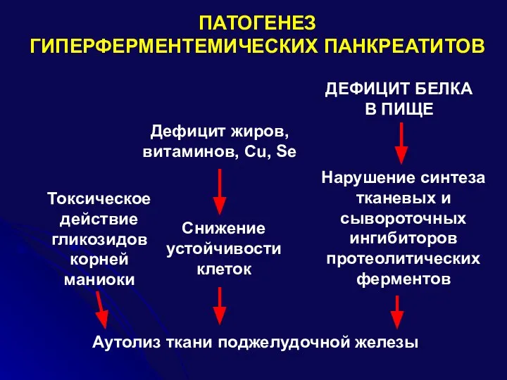 ПАТОГЕНЕЗ ГИПЕРФЕРМЕНТЕМИЧЕСКИХ ПАНКРЕАТИТОВ ДЕФИЦИТ БЕЛКА В ПИЩЕ Нарушение синтеза тканевых и сывороточных