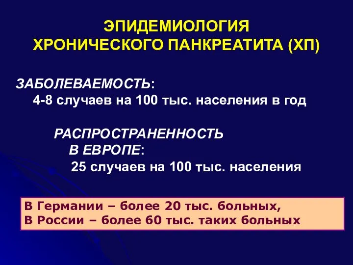 ЭПИДЕМИОЛОГИЯ ХРОНИЧЕСКОГО ПАНКРЕАТИТА (ХП) ЗАБОЛЕВАЕМОСТЬ: 4-8 случаев на 100 тыс. населения в