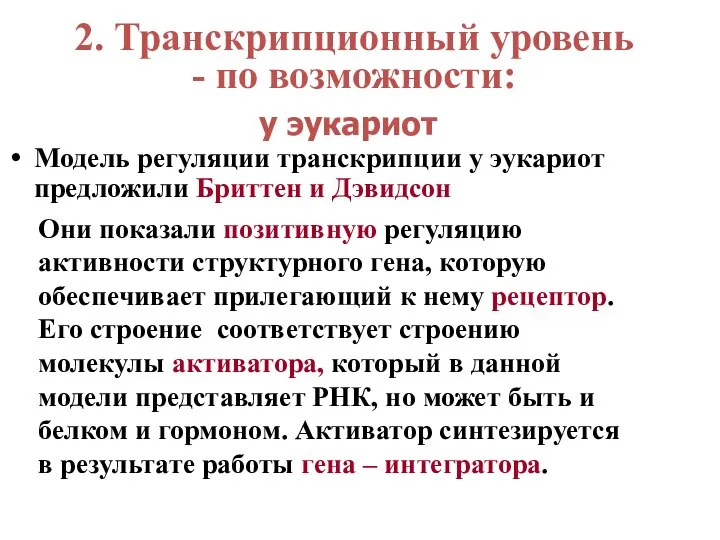 у эукариот Модель регуляции транскрипции у эукариот предложили Бриттен и Дэвидсон Они