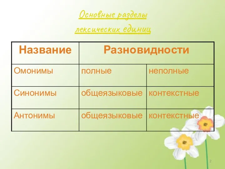 Основные разделы лексических единиц